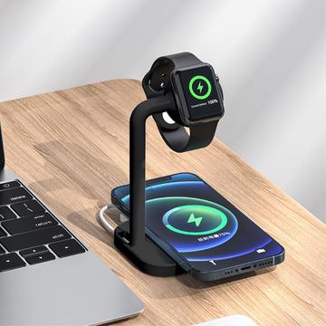 2 az 1-ben mágneses vezeték nélküli töltő asztali vezeték nélküli gyors töltőállomás Apple Watch/iPhone-hoz - Fekete