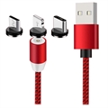 3 az 1-ben LED Mágneses Kábel - Lightning, USB-C, MicroUSB - 1m - Piros