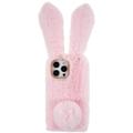 Szőrös Téli Nyuszi Füles iPhone 14 Pro Max Tok Csillogással - Rózsaszín