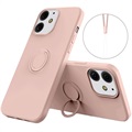 iPhone 13 folyékony szilikon tok gyűrűtartóval - rózsaszín