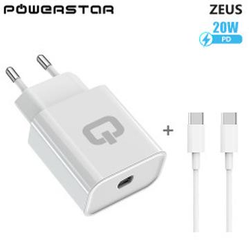 Powerstar Zeus fali töltő USB-C kábellel - 20W - fehér
