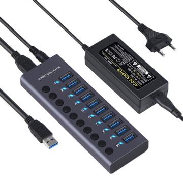 10 portos USB 3.0 hub egyedi tápkapcsolókkal - Szürke